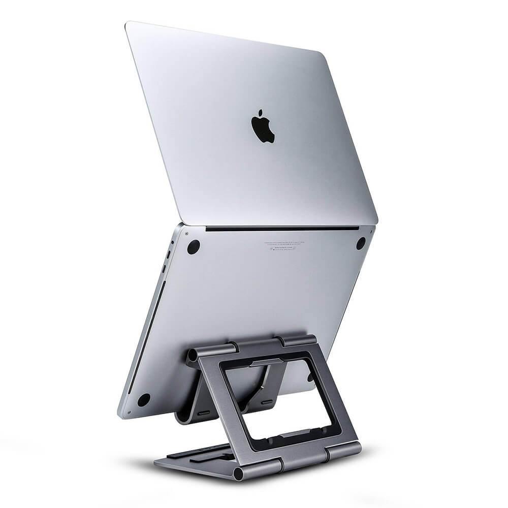 space gray aluminum macbook riser foldable with a macbook air 13inch on it ridge stand pro 2.0 white background product image