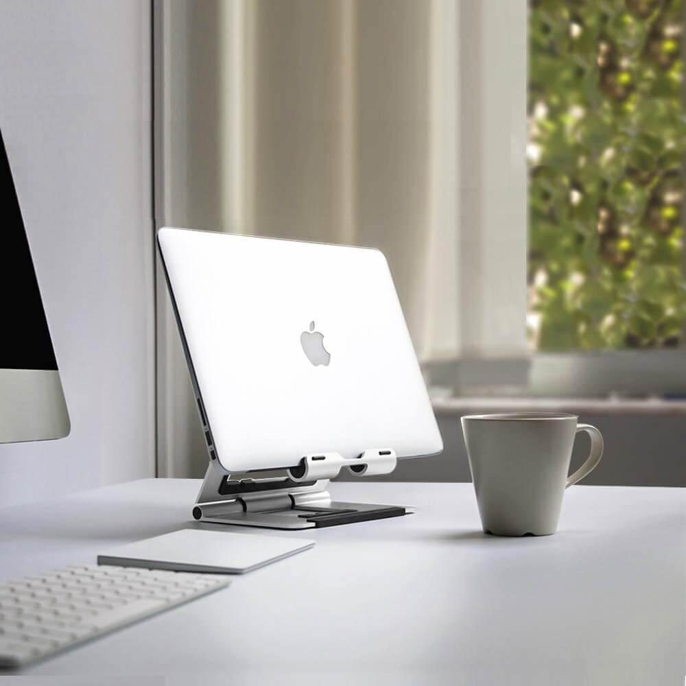 Rmour aesthetic macbook stand for desk, laptop stand and imac on desk near window, ridgestand 2.0 kickstarter
