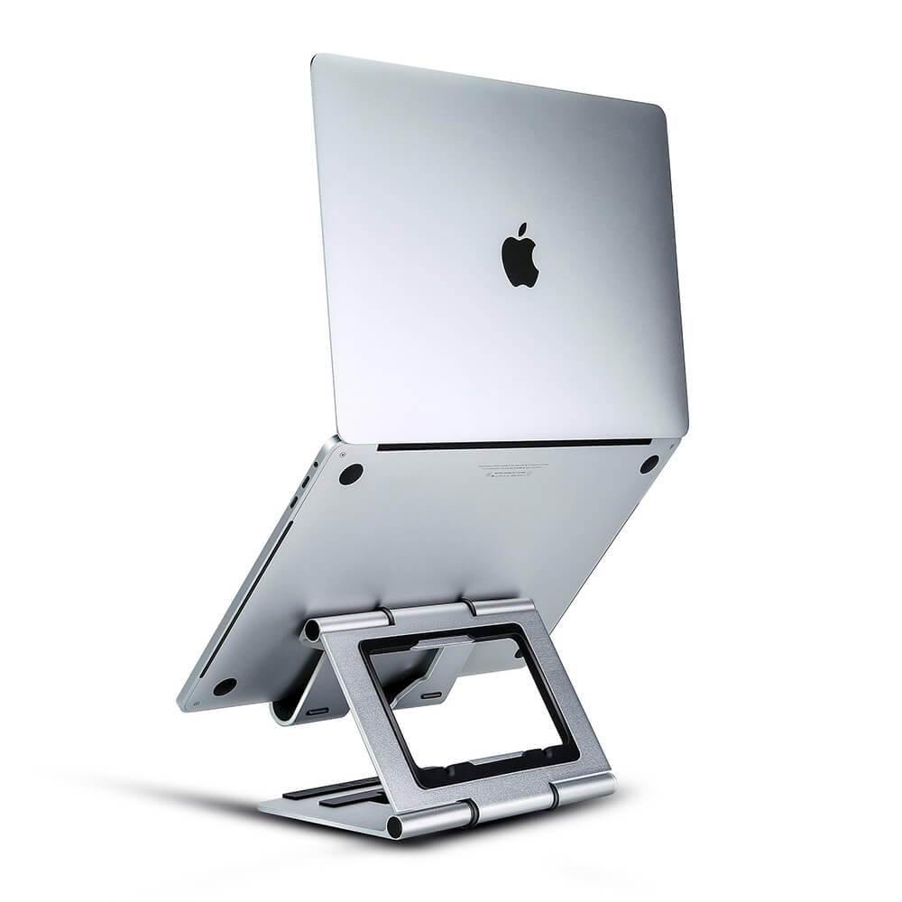 silver white aluminum macbook stand flexible with a macbook air 13inch on it, ridge stand pro 2.0, white background product image